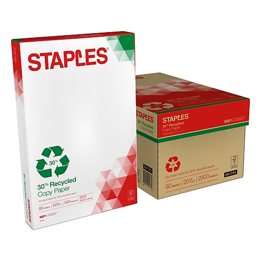 Staples 100% Recycled 8.5 x 11 Copy Paper, 20 lbs., 92 Brightness,  500/Ream (620016)