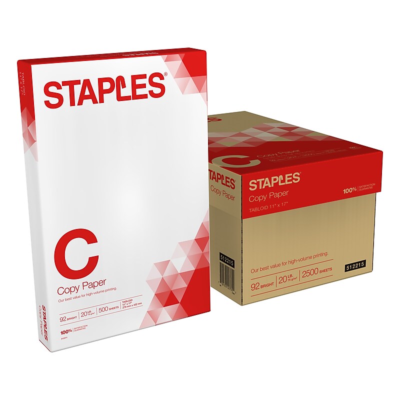 Staples Copy Paper, 11" x 17", 20 lbs., White, 500 Sheets/Ream, 5 Reams/Carton (512215) image 1