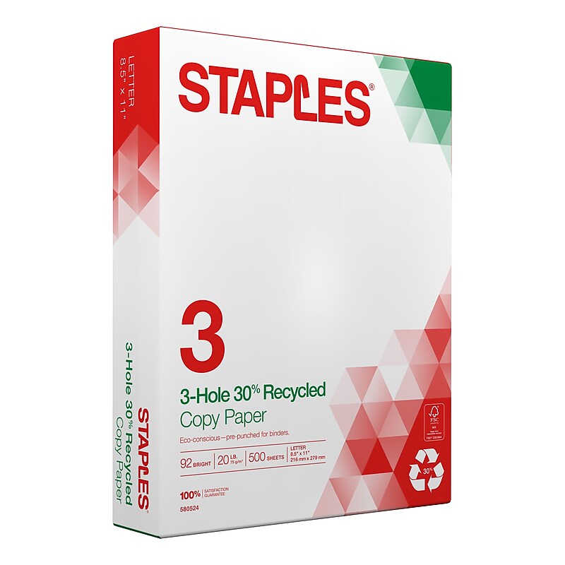 Staples 30% Recycled 8.5" x 11" 3-Hole Punched Copy Paper, 20 lbs., 92 Brightness, 500/Ream (112370) image 1