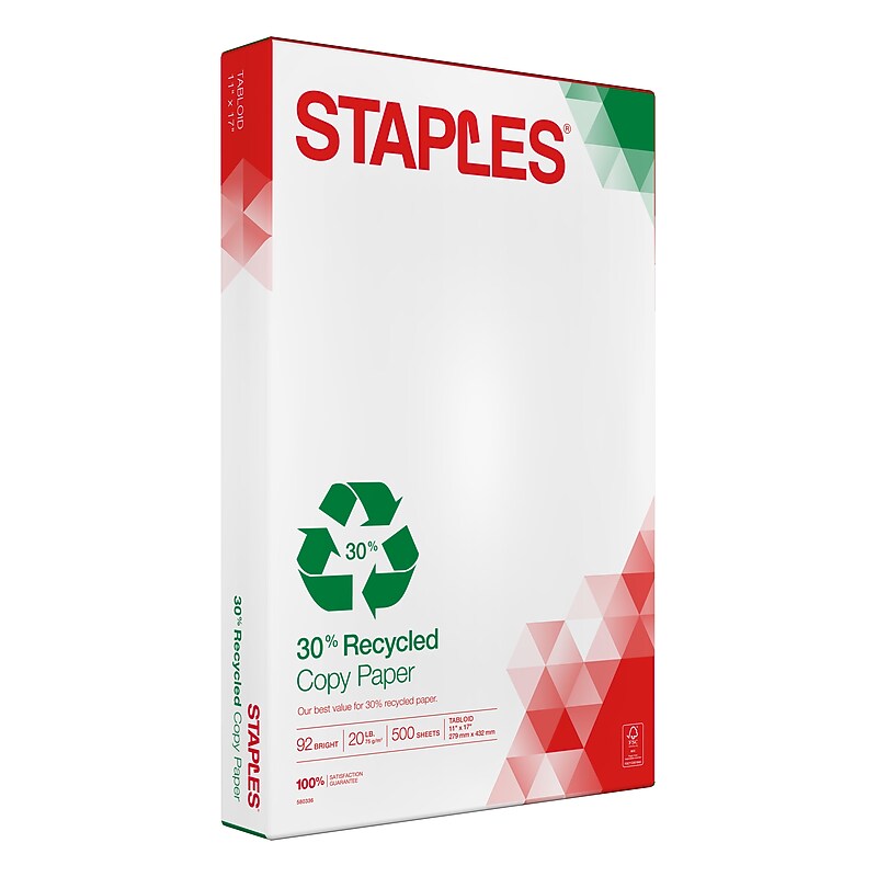 Staples 30% Recycled 11" x 17" Copy Paper, 20 lbs., 92 Brightness, 500/Ream (112390) image 1