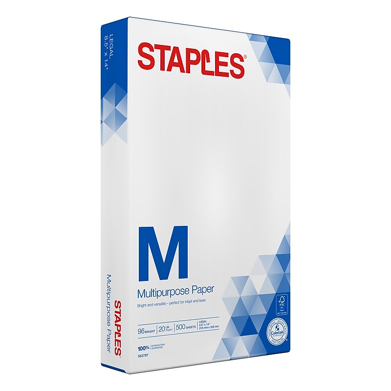Staples 8.5" x 14" Multipurpose Paper, 20 lbs., 96 Brightness, 500/Ream (05029) image 1