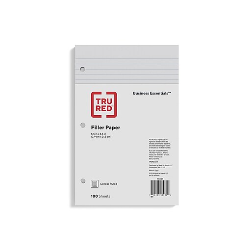 TRU RED™ College Ruled Filler Paper, 5.5" x 8.5", White, 100 Sheets
