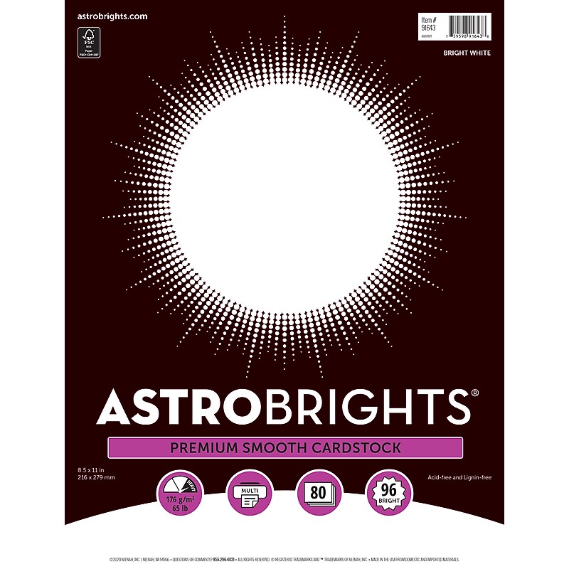 Astrobrights 65 lb. Cardstock, 8.5" x 11", White, 80 Sheets/Pack (91643) image 1