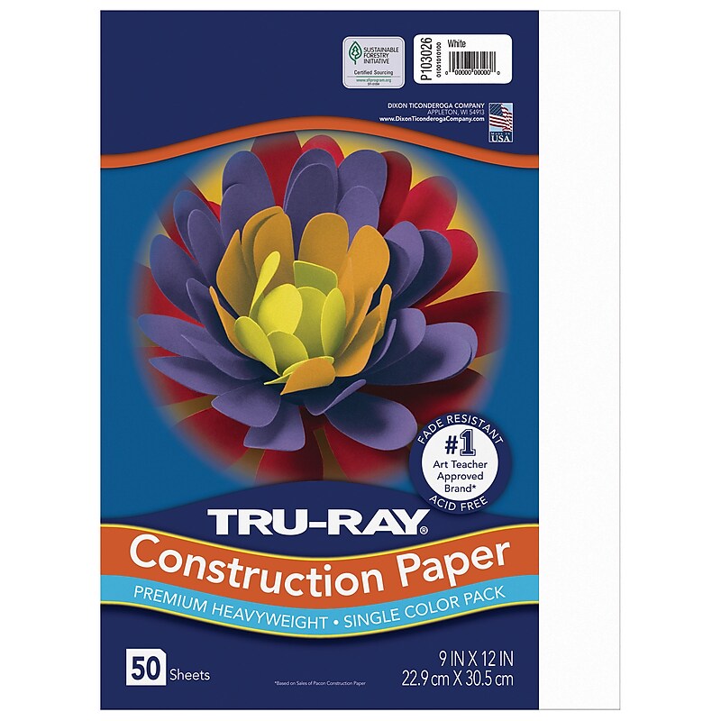 Tru-Ray 9" x 12" Construction Paper, White, 50 Sheets (P103026) image 1