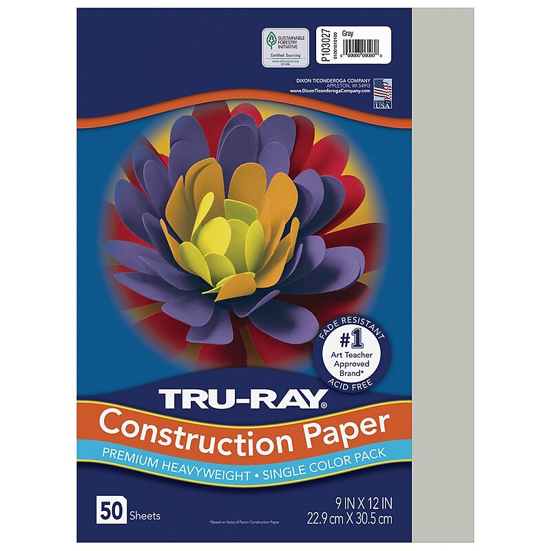 Pacon® Tru-Ray Construction Paper 9" x12", Gray, 50 Sheets/Pack (PAC103027) image 1