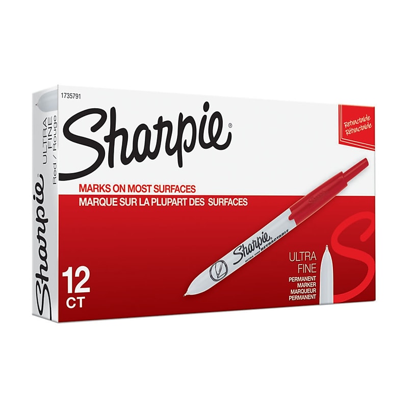 Sharpie Retractable Permanent Markers, Ultra Fine Tip, Red, 12/Pack (1735791) image 1