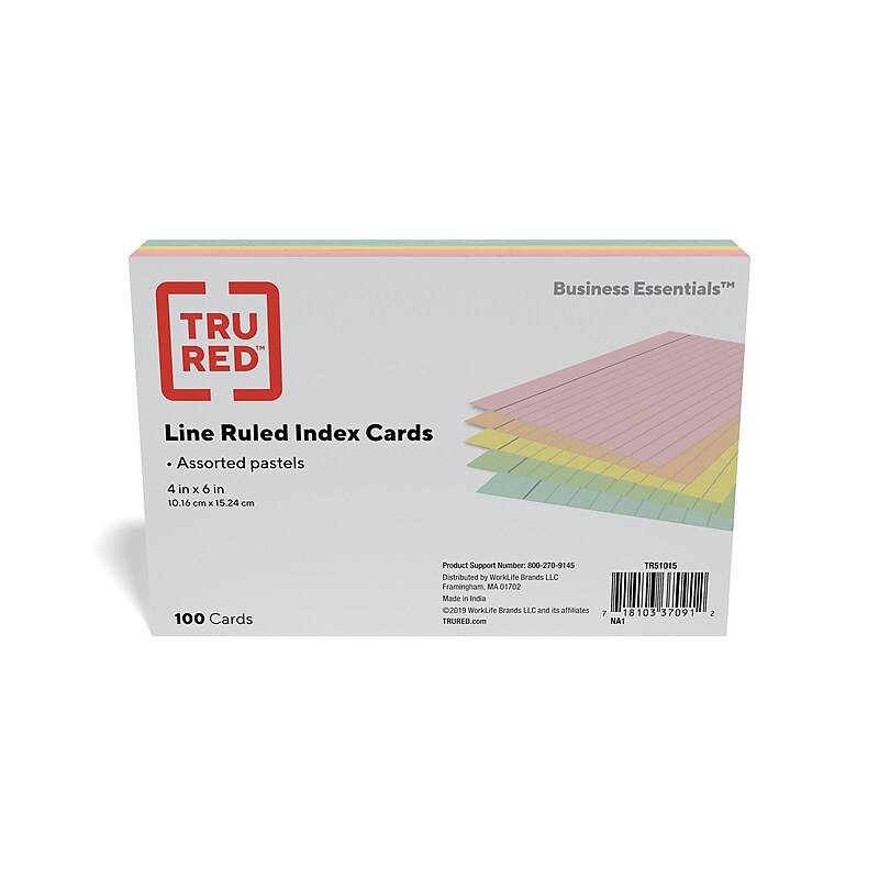 TRU RED™ 4" x 6" Index Cards, Lined, Assorted Colors, 100/Pack (TR51015) image 1