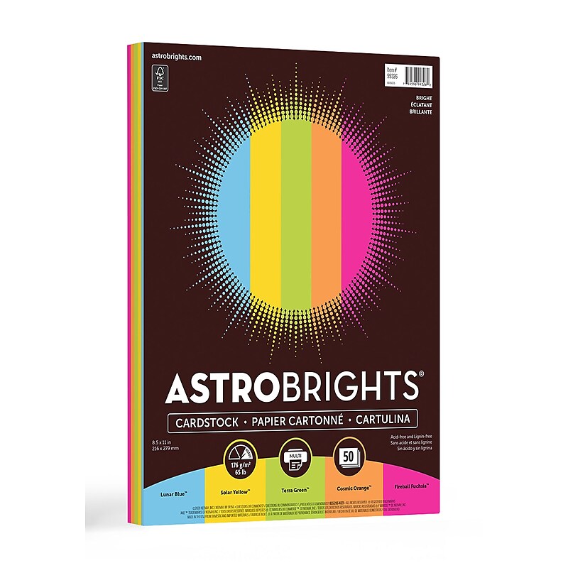 Astrobrights 65 lb. Cardstock Paper, 8.5" x 11", Bright Assortment, 50 Sheets/Pack (99326-01) image 1