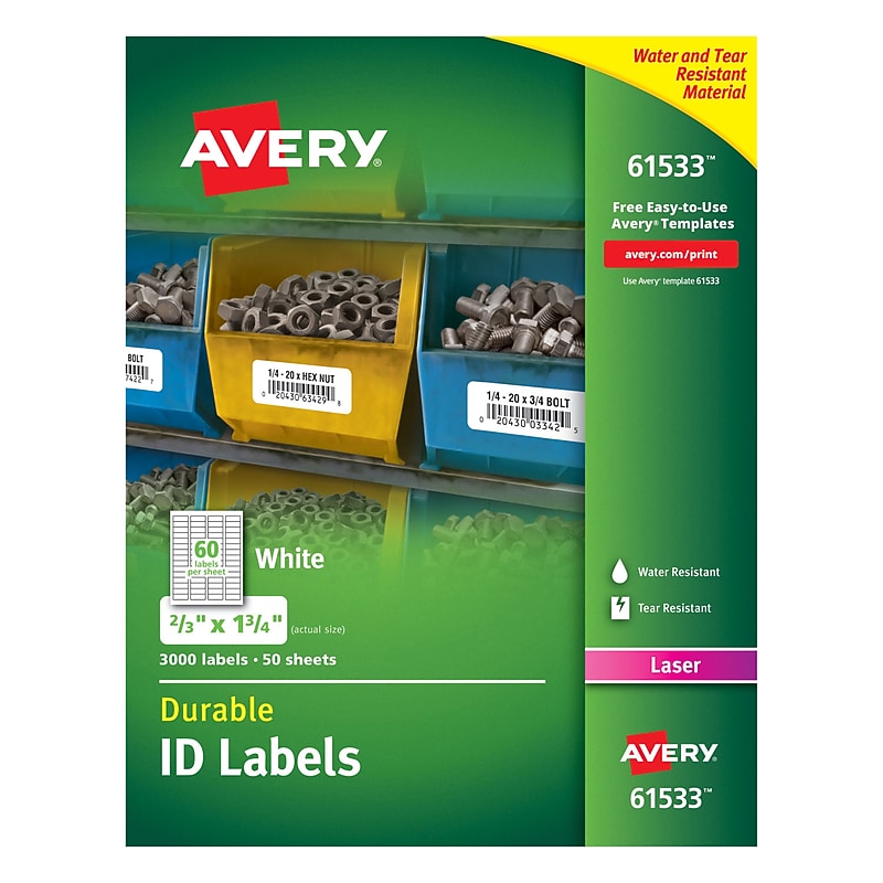 Avery Durable ID Labels, Permanent Adhesive, 3000 Labels, 0.67"H x 1.75"W, Rectangle, Laser, White, Polyester, 50 Sheet image 1