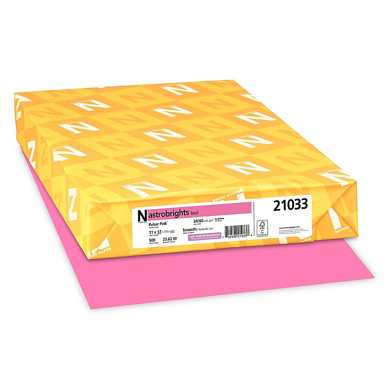 Astrobrights 11" x 17", Colored Paper, 24 lbs., Pulsar Pink, 500 Sheets/Ream (21033/22623) image 1