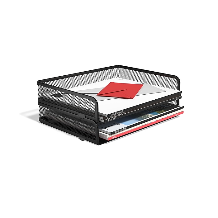TRU RED Side‑Load Stackable Metal Letter Tray, Matte Black, 2‑Pack