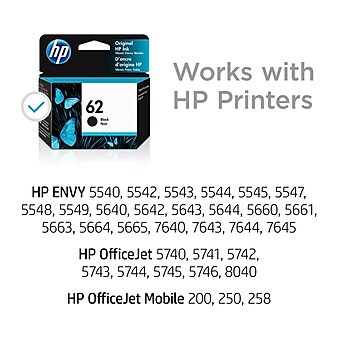 HP 62 Black Standard Yield Ink Cartridge (C2P04AN#140), print up to 200 pages