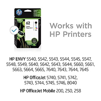 HP 62 Black/Tri-Color Standard Yield Ink Cartridge, 2/Pack (N9H64FN#140)