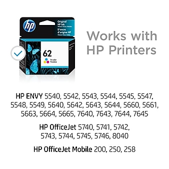 HP 62 Tri-Color Standard Yield Ink Cartridge (C2P06AN#140), print up to 165 pages