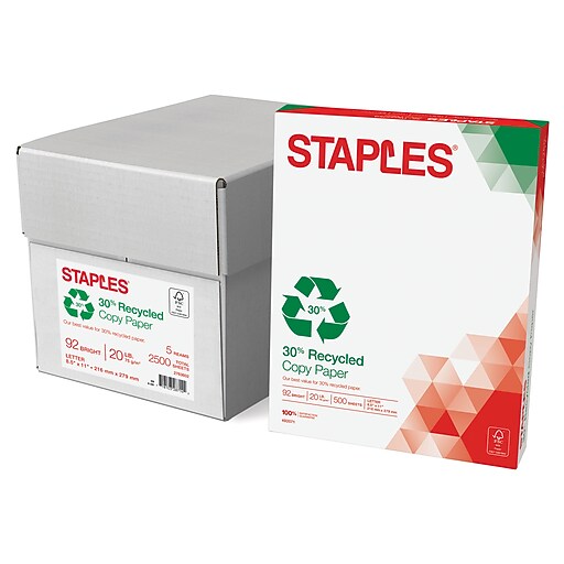 Staples 30 Recycled 8.5" x 11" Copy Paper, 20 lbs., 92 Brightness, 500 Sheets/Ream, 5 Reams