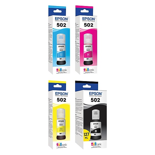 Epson T502 Black, Cyan, Magenta, Yellow Standard Yield Ink Bottle, 4/Pack  (T502BCMY-VB)