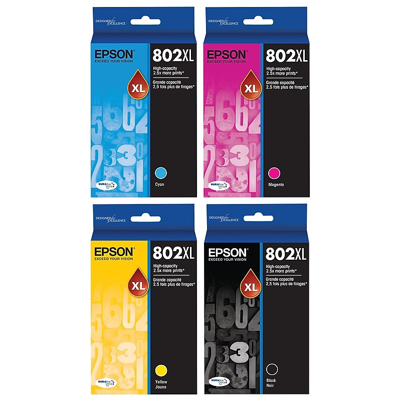 Epson T802XL Black, Cyan, Magenta, Yellow High Yield Ink Cartridges, 4/Pack (T802BCMYXL-VB) image 1