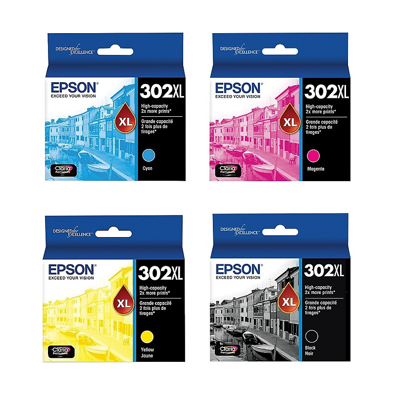 Epson T302XL Black/Cyan/Magenta/Yellow High Ink Cartridges,  4/Pack (T302BCMYXL-VB) image 1
