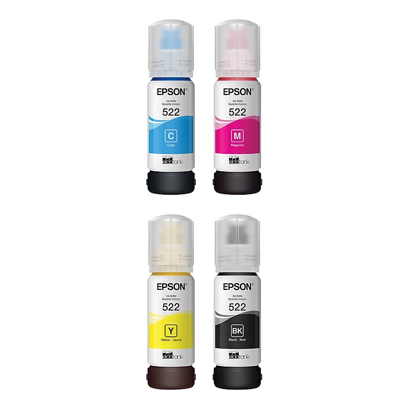 Epson T522 Ultra High Yield Black/Cyan, Magenta, Yellow Standard Yield Ink Bottle, 4/Pack (T522UHYBCMY-VB) image 1