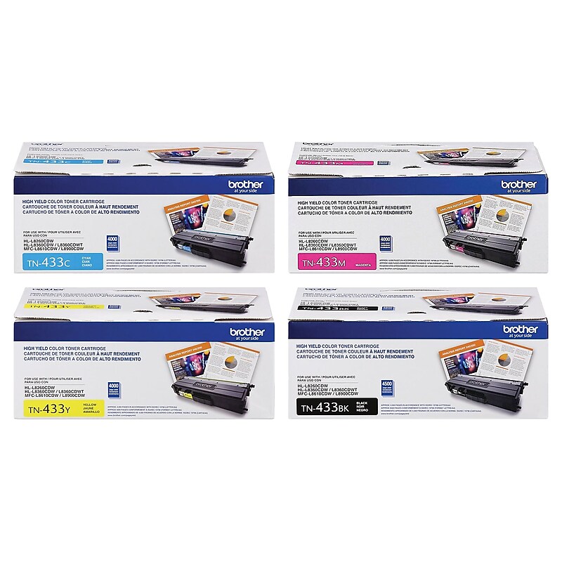 Brother TN433 Black, Cyan, Magenta, Yellow, High Yield Toner, 4/Pack (TN-4334PK-VB) image 1