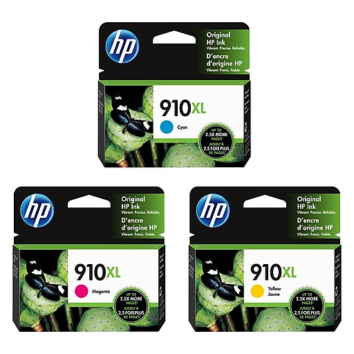 Hp 910 Cyan Magenta Yellow High Yield Ink Cartridge 3 Pack 3yn97anxl3pk Vb Staples