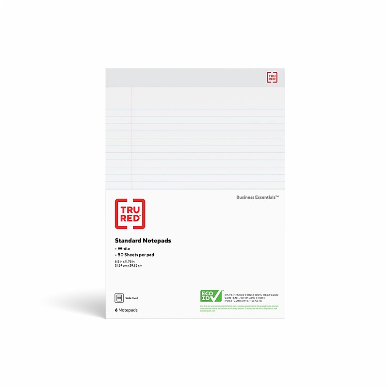 TRU RED Notepad, 8.5" x 11", Wide Ruled, White, 50 Sheets/Pad, 6 Pads/Pack (22929-US) image 1