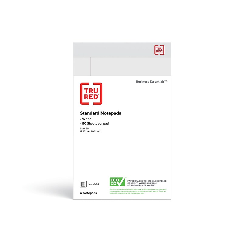 TRU RED Notepad, 5" x 8", Narrow Ruled, White, 50 Sheets/Pad, 6 Pads/Pack (18608) image 1