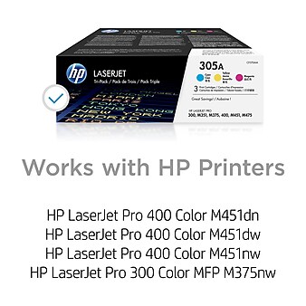 HP 305A Cyan/Magenta/Yellow Standard Yield Toner Cartridge, 3/Pack (CF370AM)