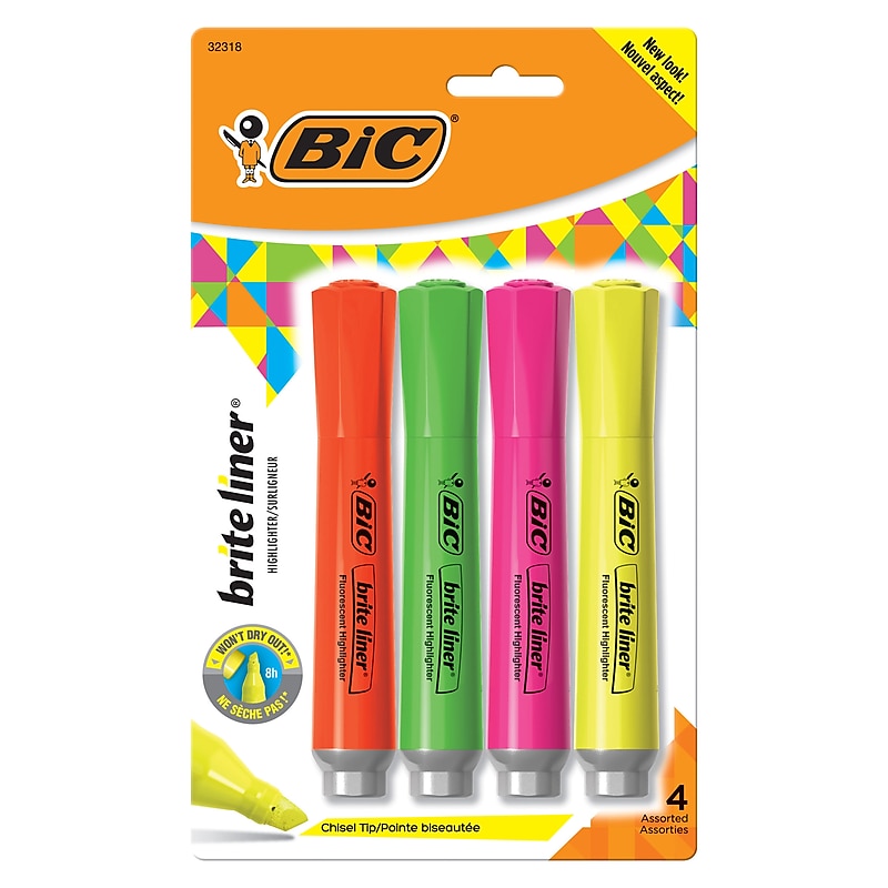 BIC Brite Liner Tank Highlighter, Chisel Tip, Assorted, 4/Pack (32318) image 1