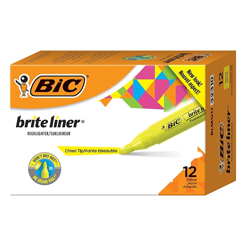BIC Brite Liner Stick Highlighters with Grip, Chisel Tip, Yellow, Dozen (BLMG11-YEL) image 1