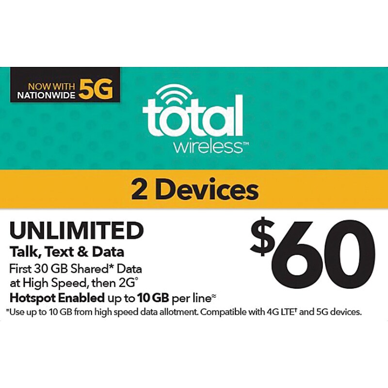 Total Wireless Unl Talk SMS Data 2 lines Prepaid Airtime Card $60 image 1