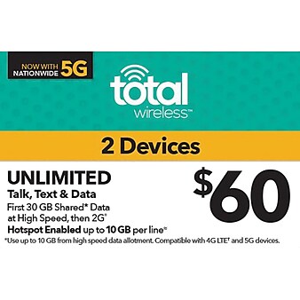Total Wireless Unl Talk SMS Data 2 lines Prepaid Airtime Card $60