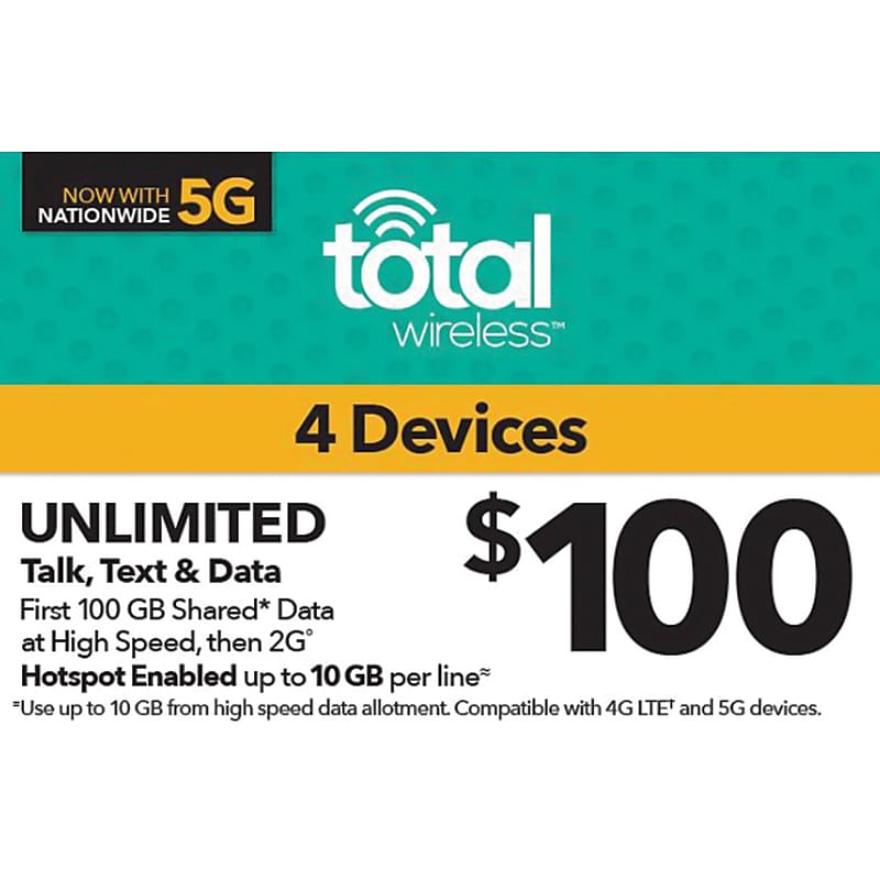 Total Wireless Unl Talk SMS Data 4 Lines  Prepaid Airtime Card $100 image 1