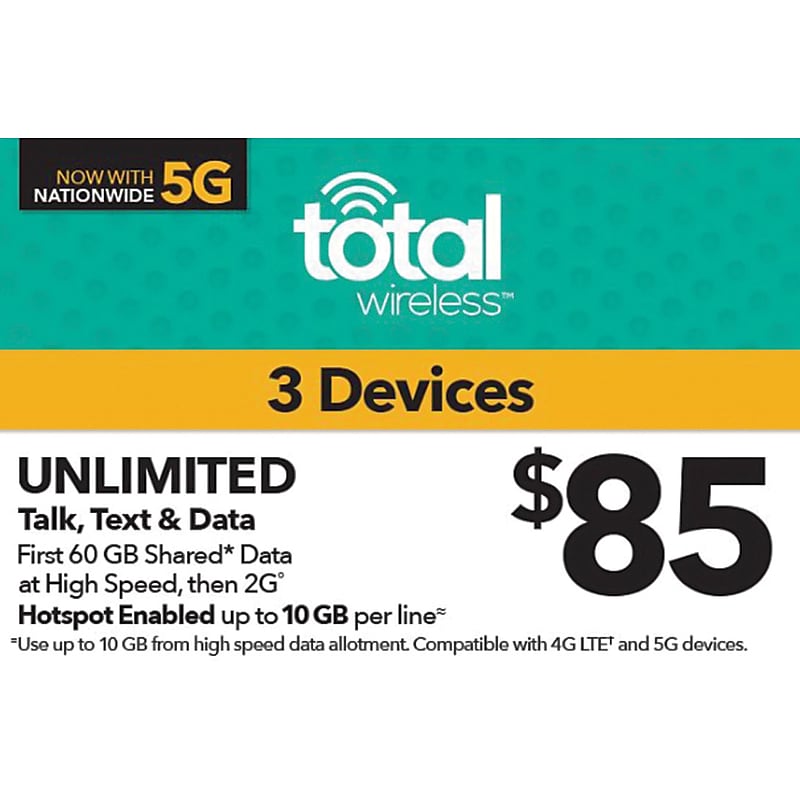 Total Wireless Unl Talk SMS Data 3 Lines Prepaid Airtime Card $85 image 1