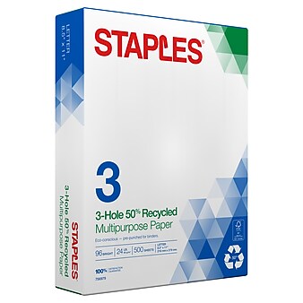 Staples 8.5 x 11 3-Hole Punch Multipurpose Paper, 20 lbs., 96 Brightness,  500/Ream (05031)