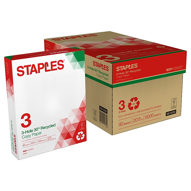 Staples 30% Recycled 8.5" x 11" 3-Hole Punch Copy Paper, 20 lbs., 92 Brightness, 500/Ream,10 Reams/Carton (112370) image 1
