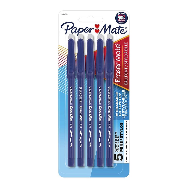 Paper Mate Eraser Mate Erasable Ballpoint Pen, Medium Point, Blue Ink, 5/Pack (3153558PP) image 1