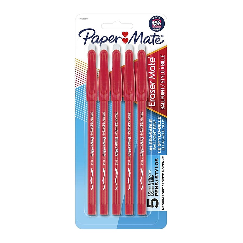 Paper Mate Eraser Mate Erasable Ballpoint Pen, Medium Point, Red Ink, 5/pk (31735) image 1