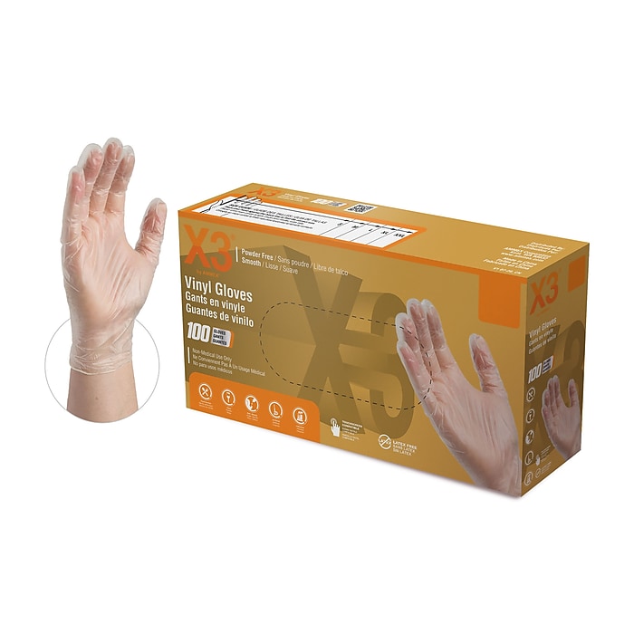 X3 Powder Free Vinyl Gloves, Latex Free, Clear, XL, 100/Box