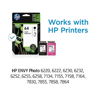HP 64 Black/Tri-Color Standard Yield Ink Cartridge, 2/Pack (X4D92AN#140)