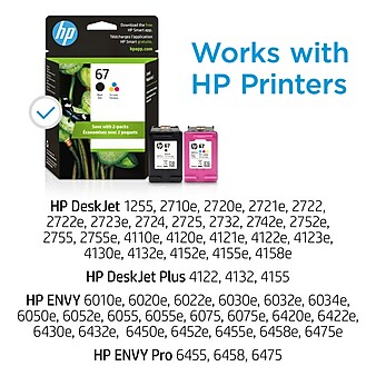 HP 67 Black/Tri-Color Standard Yield Ink Cartridge, 2/Pack (3YP29AN#140)