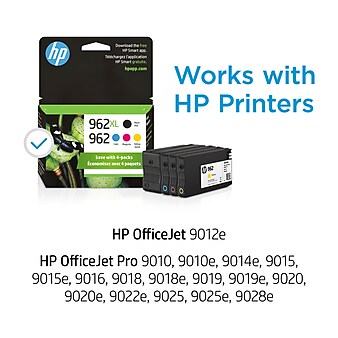 HP 962XL/962 Black High Yield and Cyan/Magenta/Yellow Standard Yield Ink Cartridge, 4/Pack (3JB34AN#140)