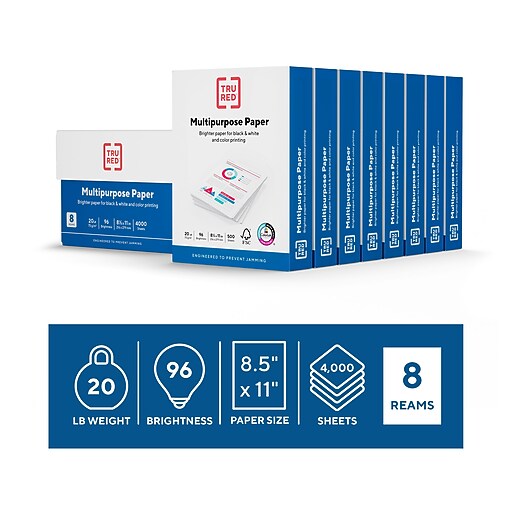 Tru Red 8 5 X 11 Multipurpose Paper 20 Lbs 96 Brightness 500 Sheets Ream 8 Reams Carton Tr56964 Staples