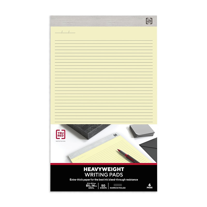 TRU RED Notepad, 8.5" x 14", Narrow Ruled, Yellow, 50 Sheets/Pad, 6 Pads/Pack (TR57385) image 1