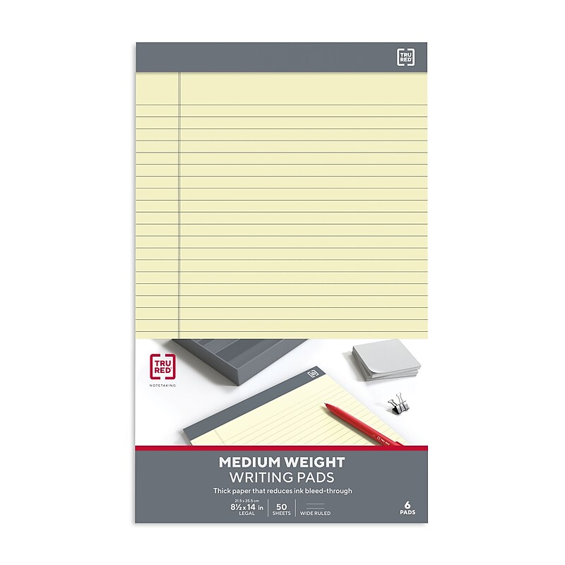 TRU RED Notepad, 8.5" x 14", Wide Ruled, Yellow, 50 Sheets/Pad, 6 Pads/Pack (TR57370) image 1