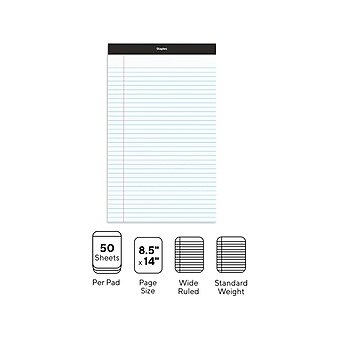 Staples Notepads, 8.5" x 14" (legal), Wide Ruled, White, 50 Sheets/Pad, Dozen Pads/Pack (ST57342)