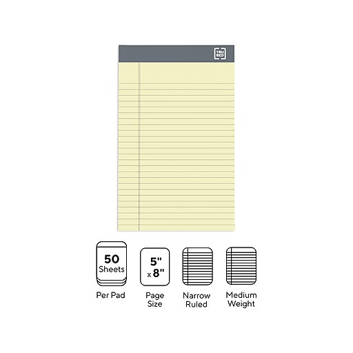 TRU RED Notepads, 5" x 8", Narrow Ruled, Canary, 50 Sheets/Pad, 6 Pads