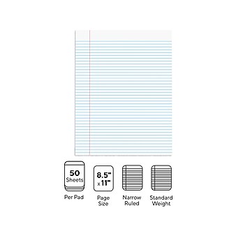 Staples Notepads, 8.5" x 11" (US letter), Narrow Ruled, White, 50 Sheets/Pad, Dozen Pads/Pack (ST57420)