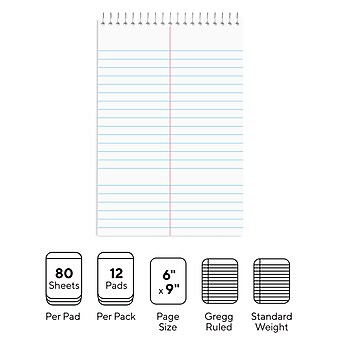Staples Steno Pads, 6" x 9", Gregg Ruled, White, 80 Sheets/Pad, Dozen Pads/Pack (ST57354)