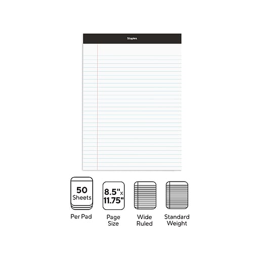 Staples Notepad, 8.5" x 11.75", Wide Ruled, White, 50 Sheets/Pad, 72